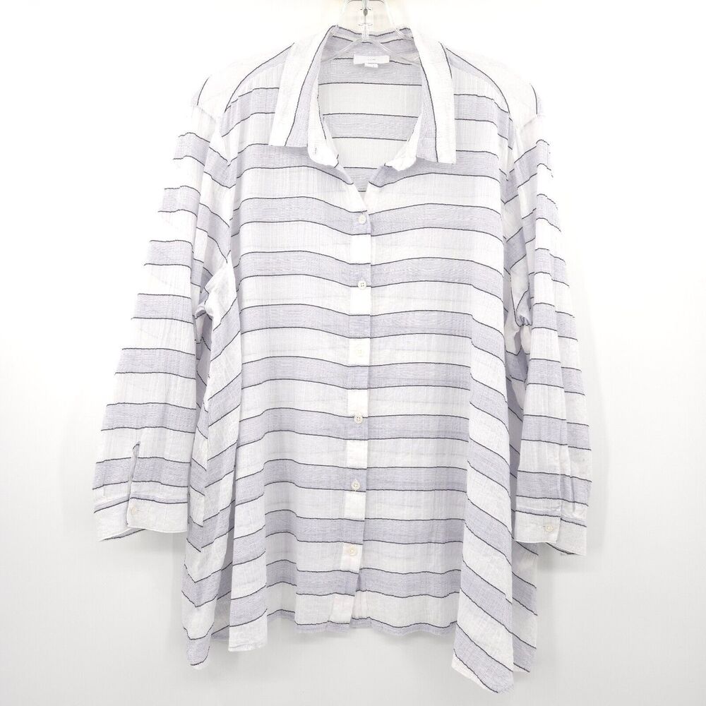 J. Jill Button‎ Down Shirt Women L White Blue Striped Long Sleeve Cotton